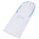 Glas 11 Inch Realistic Double Ended Glass Dildo With Handle storage bag with drawstring in white and blue.