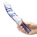 Glas 11 Inch Realistic Double Ended Glass Dildo With Handle in hand, showcasing its textured grip and sleek design.
