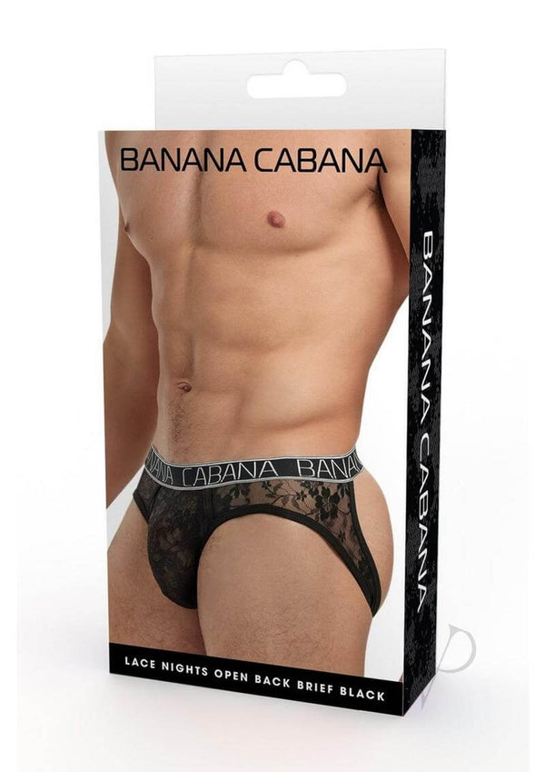 Banana Cabana Lace Nights Open Back Brief Medium Large Black packaging with model display.