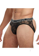 Banana Cabana Lace Nights Open Back Brief Medium Large Black displayed on model, featuring a lace-framed cutout back.