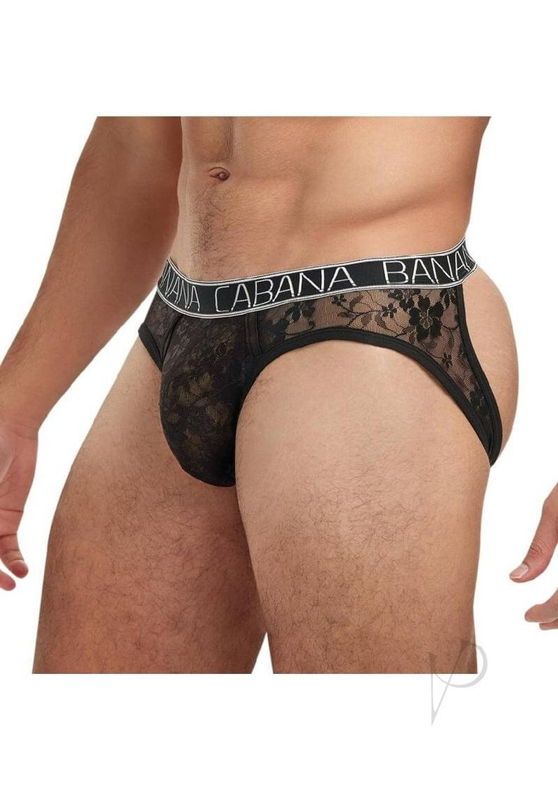 Banana Cabana Lace Nights Open Back Brief Medium Large Black displayed on model, featuring a lace-framed cutout back.