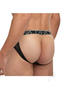 Banana Cabana Lace Nights Open Back Brief Medium Large Black showcasing its lace-framed back design on a male model.