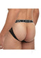 Banana Cabana Lace Nights Open Back Brief Medium Large Black showcasing its lace-framed back design on a male model.