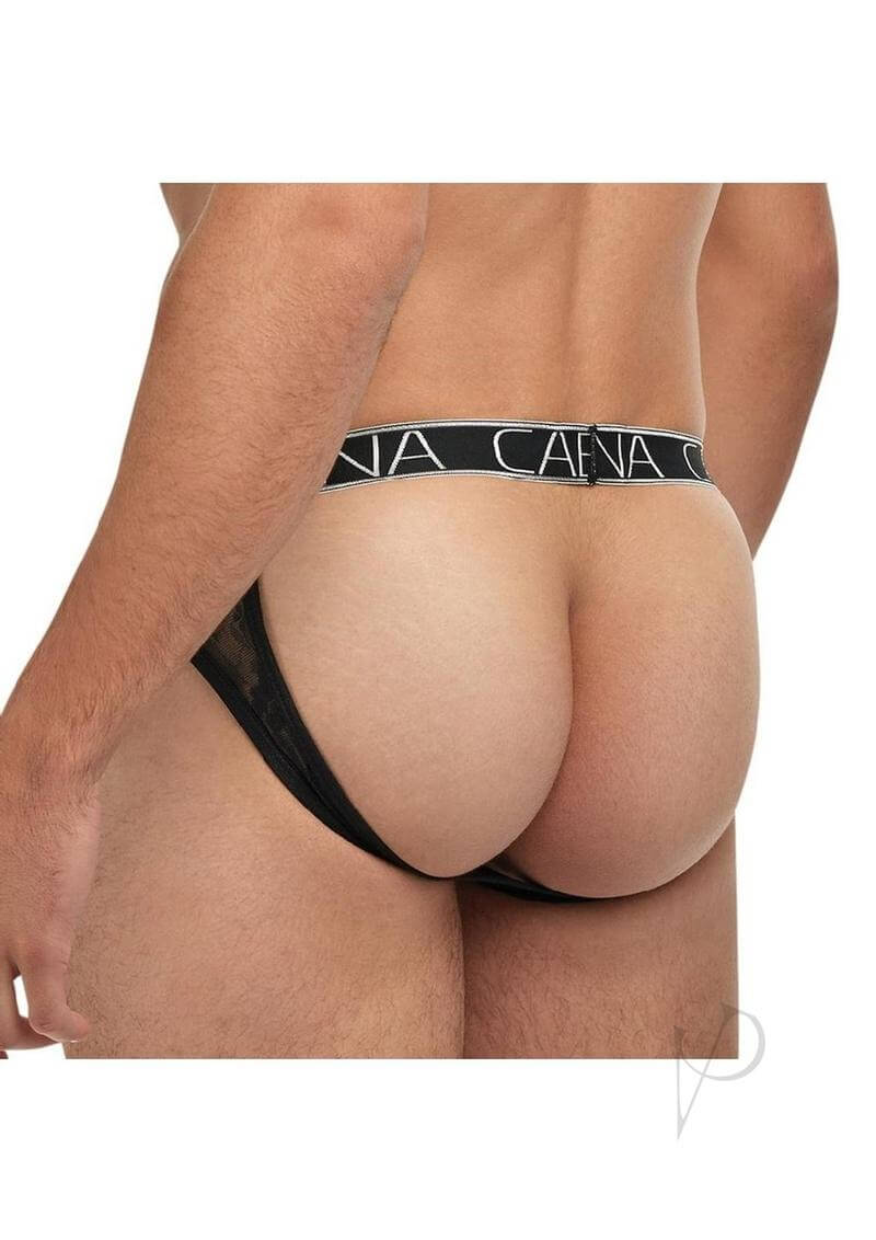 Banana Cabana Lace Nights Open Back Brief Medium Large Black showcasing its lace-framed back design on a male model.