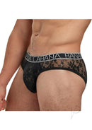 Banana Cabana Lace Nights Low Rise Brief Large/XLarge Black displayed on a model in a seductive pose.