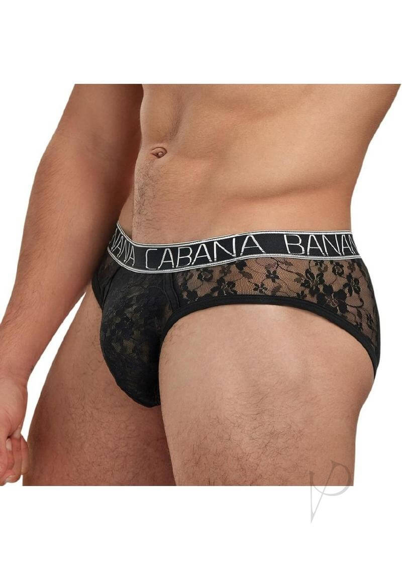 Banana Cabana Lace Nights Low Rise Brief Black Medium Large worn by a model highlighting lace design and comfort.