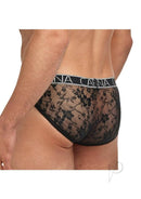Banana Cabana Lace Nights Low Rise Brief Black Medium Large worn by man, showing lace design and back view.