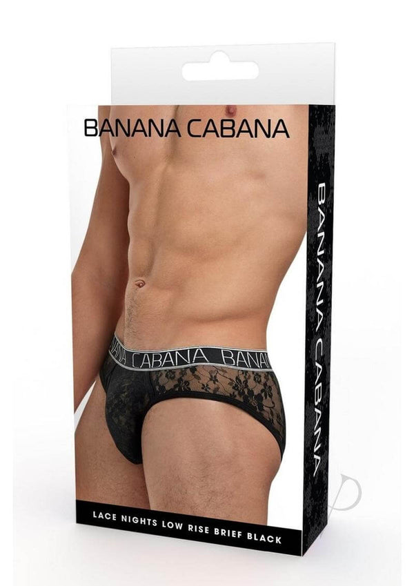 Banana Cabana Lace Nights Low Rise Brief Black Small Medium packaging featuring a man in seductive black lace briefs.