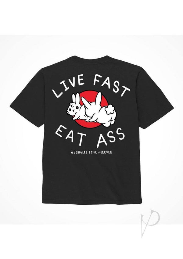 Live Fast Eat Ass shirt in large black with playful rabbit design and "Assholes Live Forever" text on the back.