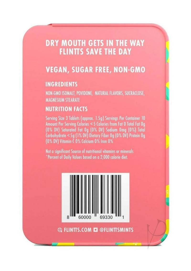Flintts Mouth Watering Mints Lemon ingredients and nutrition facts on the packaging, showcasing vegan and sugar-free qualities.