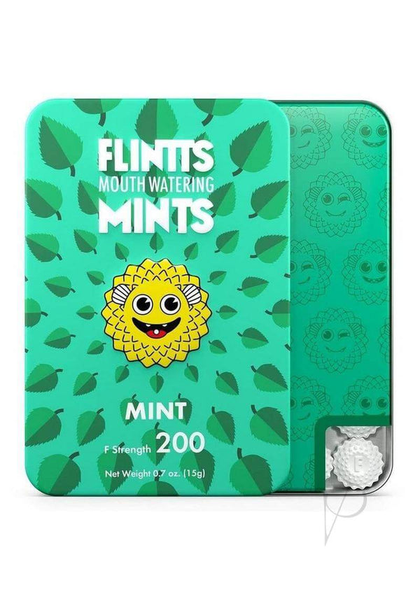 Flintts Mouth Watering Mints Mint packaging featuring cheerful design and fresh mint leaf background.