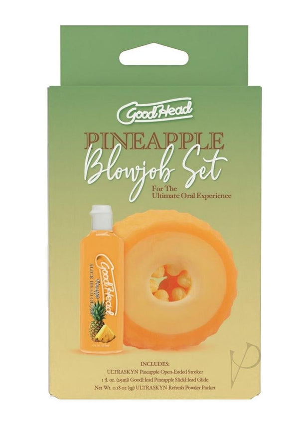 GoodHead Blowjob Set Pineapple packaging featuring a pineapple-flavored stroker and lubricant for oral pleasure.