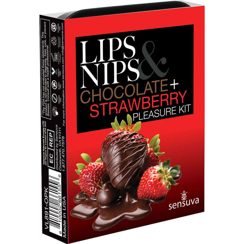 Lips and Nips Pleasure Kit Chocolate Strawberry packaging featuring chocolate-covered strawberries.
