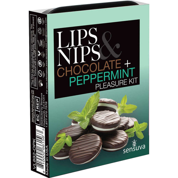 Lips and Nips Pleasure Kit Chocolate Peppermint packaging with chocolate mint treats for intimate moments.