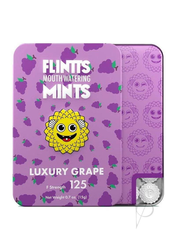 Flintts Mouth Watering Mints Luxury Grape tin featuring vibrant purple design and playful graphics.