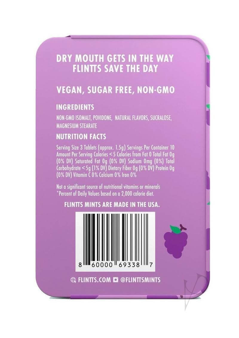 Flintts Mouth Watering Mints Luxury Grape packaging showing ingredients and nutrition facts.
