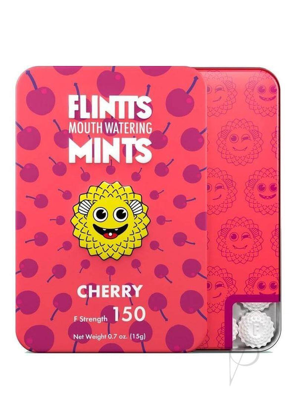 Flintts Mouth Watering Mints Cherry packaging featuring a playful design and bright colors.