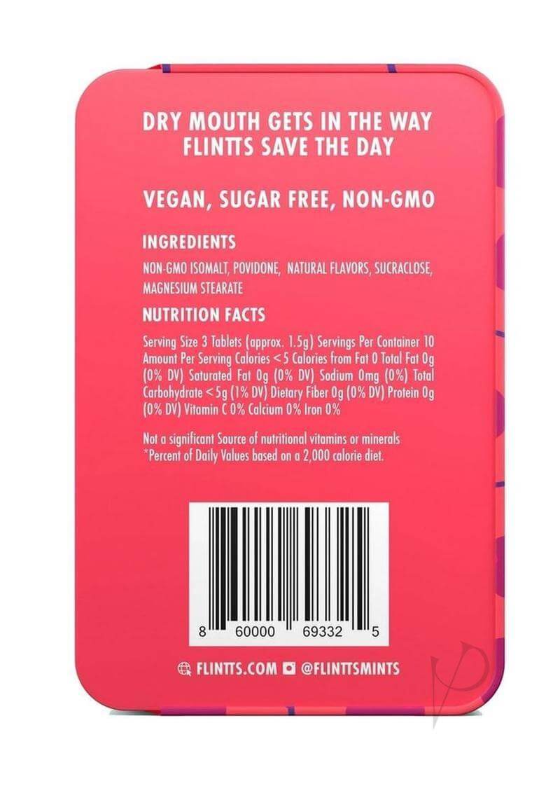 Flintts Mouth Watering Mints Cherry packaging showing dry mouth relief ingredients and nutritional facts.