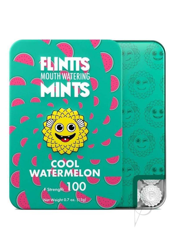 Flintts Mints Mouth Watering Mints Cool Watermelon packaging on a teal background with watermelon slices.