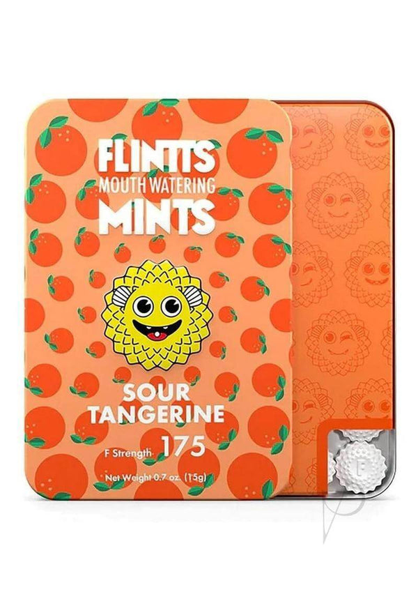 Flintts Mints Mouth Watering Mints Sour Tangerine mint tin featuring a fun design with tangerines and a smiling sun.