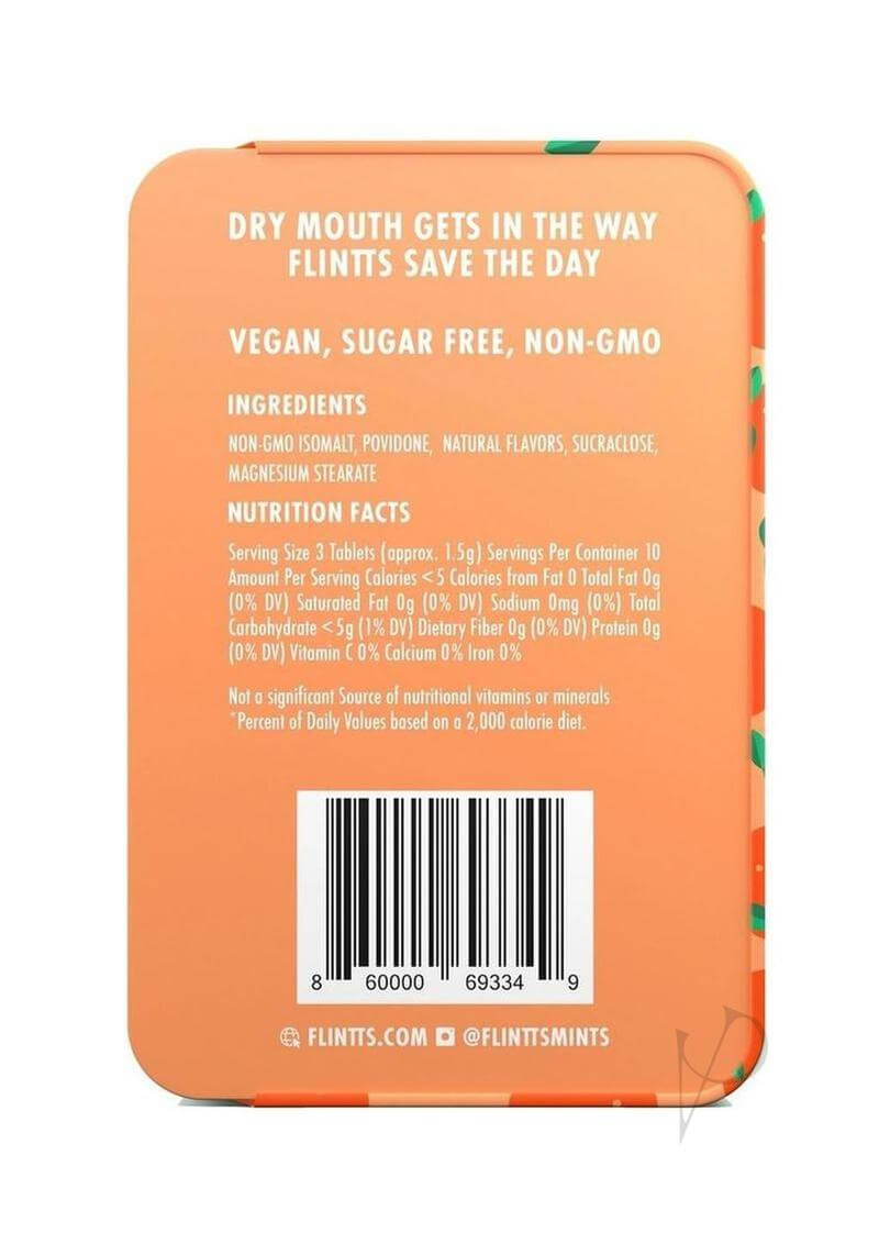 Flintts Mints Mouth Watering Mints Sour Tangerine packaging with ingredients and nutrition facts.