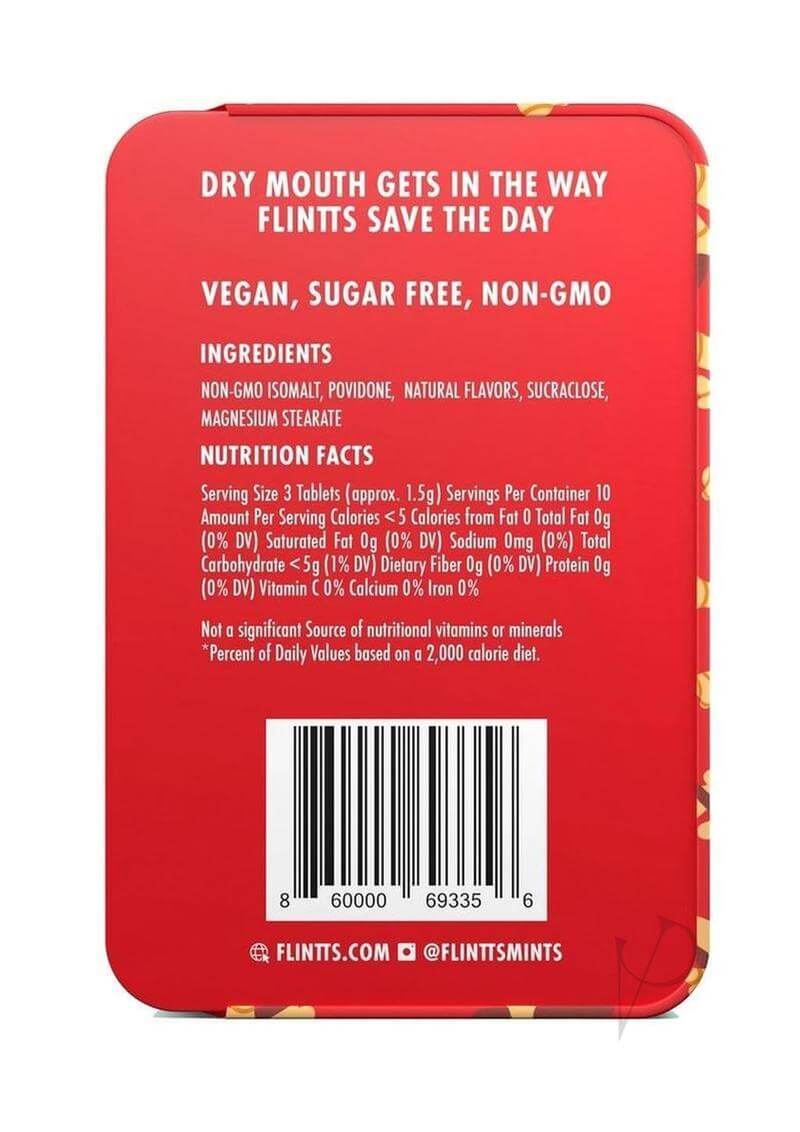 Flintts Mouth Watering Mints Cinnamon Ginger ingredients and nutrition facts label on red packaging.