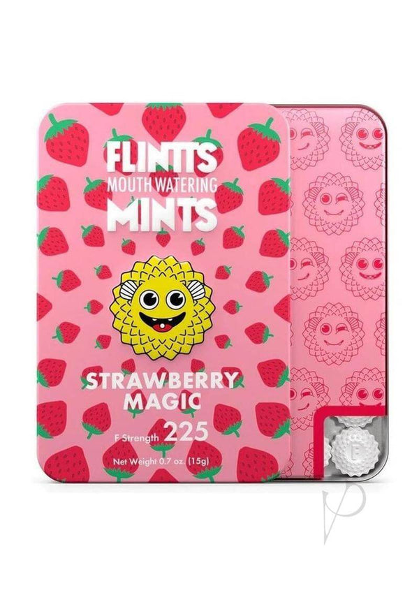 Flintts Mouth Watering Mints Strawberry Magic packaging featuring vibrant pink design and strawberry graphics.