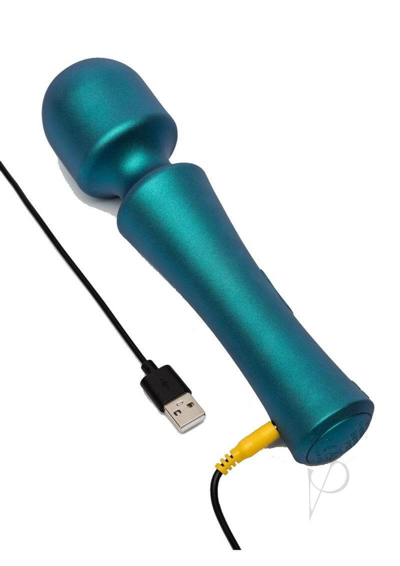 Romp Presto rechargeable silicone wand in teal with USB charging cable, featuring 6 vibration levels and 4 pattern modes.