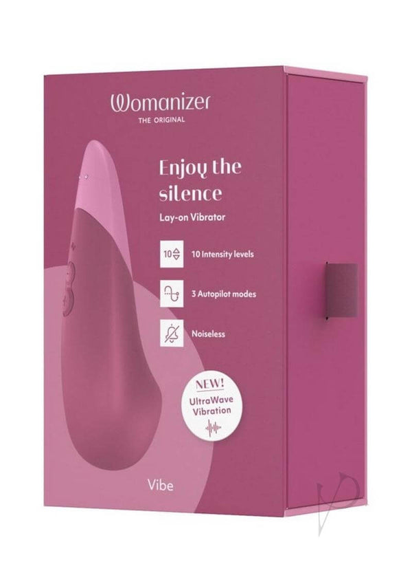 Womanizer Vibe Dusky Pink packaging showcasing noiseless clitoral vibrator with UltraWave Vibration technology.