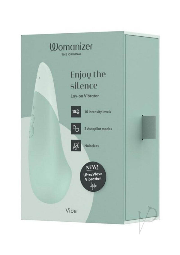 Womanizer Vibe Sage packaging showcasing noiseless clitoral vibrator with UltraWave Vibration technology.