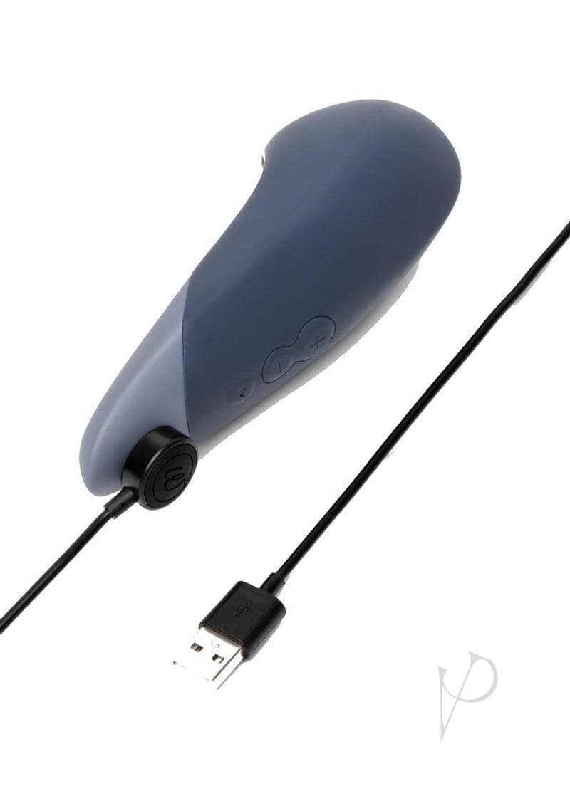 Dark blue Womanizer Vibe clitoral vibrator with UltraWave technology and USB charging cable.