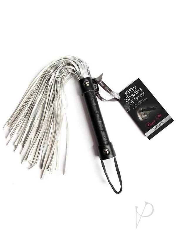 FSOG Please Sir Flogger in black and silver with Fifty Shades of Grey tag for sensory bondage play.
