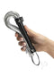 Hand holding FSOG Please Sir Flogger in black and silver, part of the Fifty Shades of Grey Pleasure Collection, for sensory play.