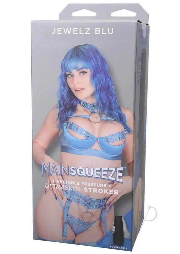 Jewelz Blu Main Squeeze ULTRASKYN stroker box featuring variable pressure and lifelike design.