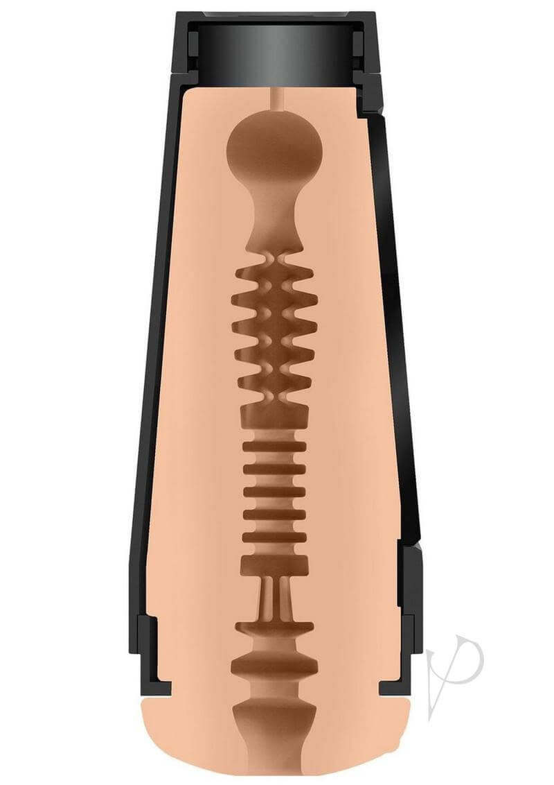 Cutaway view of Main Squeeze Jewelz Blu stroker showcasing textured ULTRASKYN interior and hard outer case.