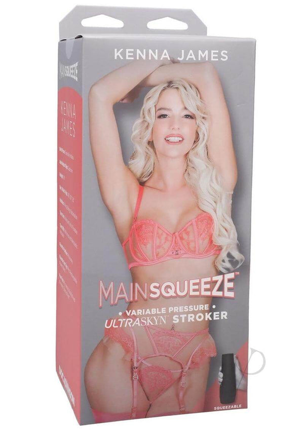 Main Squeeze Kenna James ULTRASKYN stroker packaging with model in pink lingerie, showcasing variable pressure feature.