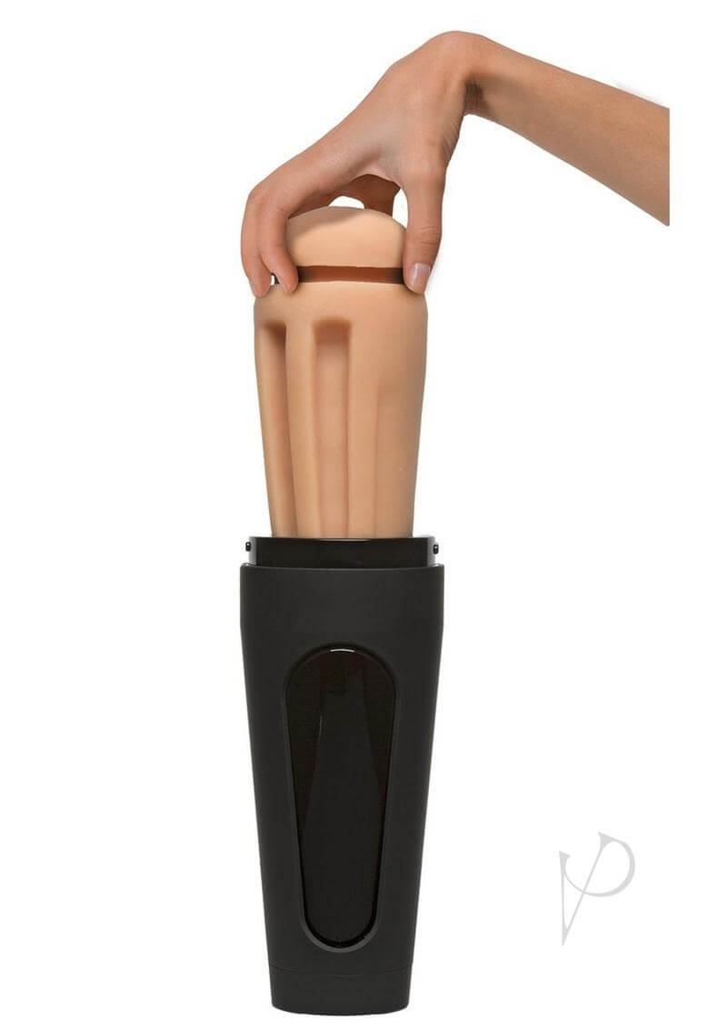Hand holding Main Squeeze Lily Larimar ULTRASKYN stroker with hard outer case for lifelike experience.