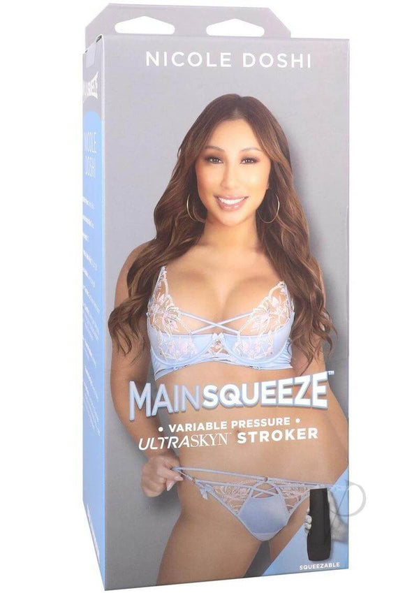 Nicole Doshi Main Squeeze ULTRASKYN Stroker packaging featuring variable pressure design and lifelike texture.