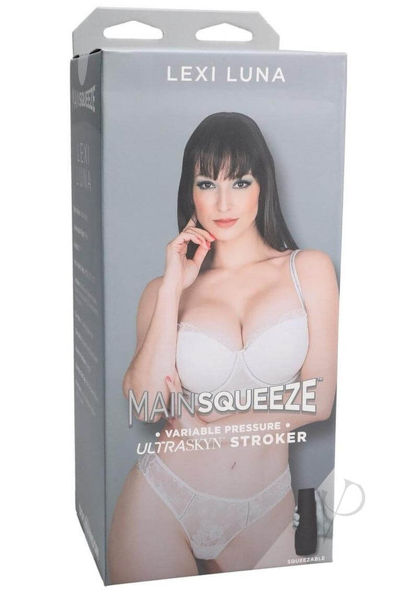 Lexi Luna Main Squeeze ULTRASKYN stroker packaging with model in white lingerie showcasing variable pressure design.