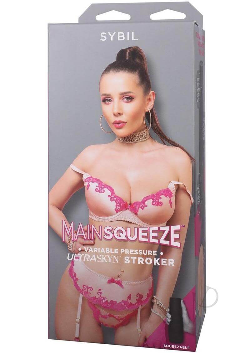 Main Squeeze Sybil ULTRASKYN stroker packaging featuring a model in pink lingerie. Variable pressure design for enhanced pleasure.