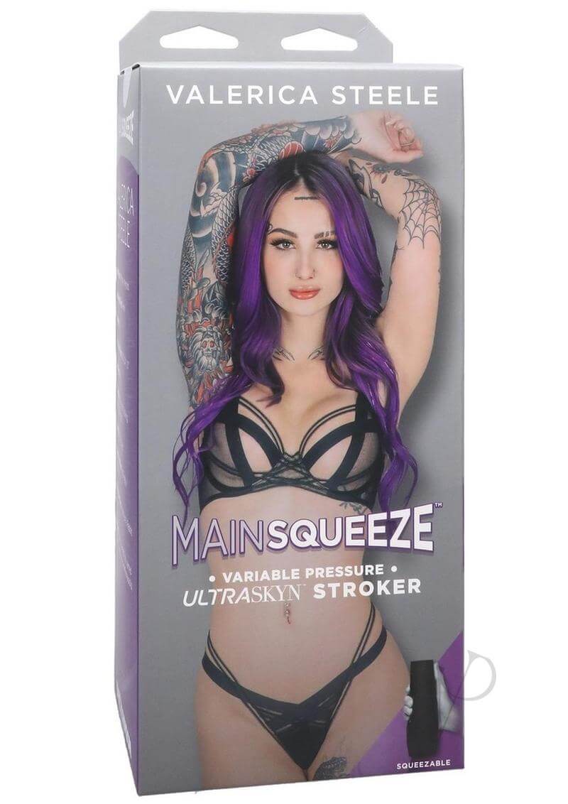 Valerica Steele Main Squeeze ULTRASKYN stroker packaging highlighting variable pressure and lifelike design.