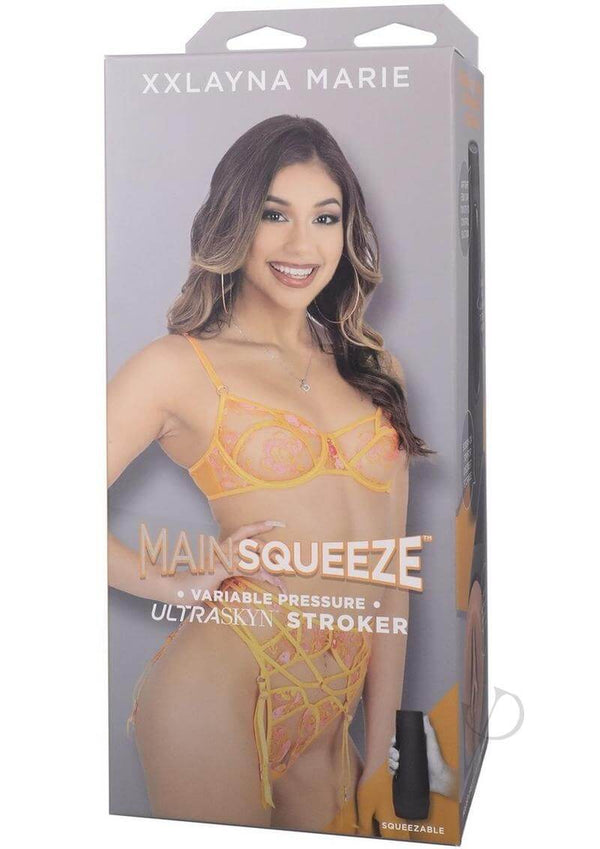 Main Squeeze Xxlayna Marie ULTRASKYN Stroker packaging featuring a model in a yellow lingerie set.