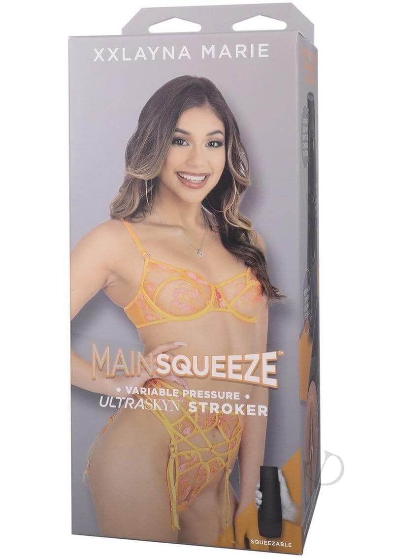 Main Squeeze Xxlayna Marie ULTRASKYN Stroker packaging featuring a model in a yellow lingerie set.