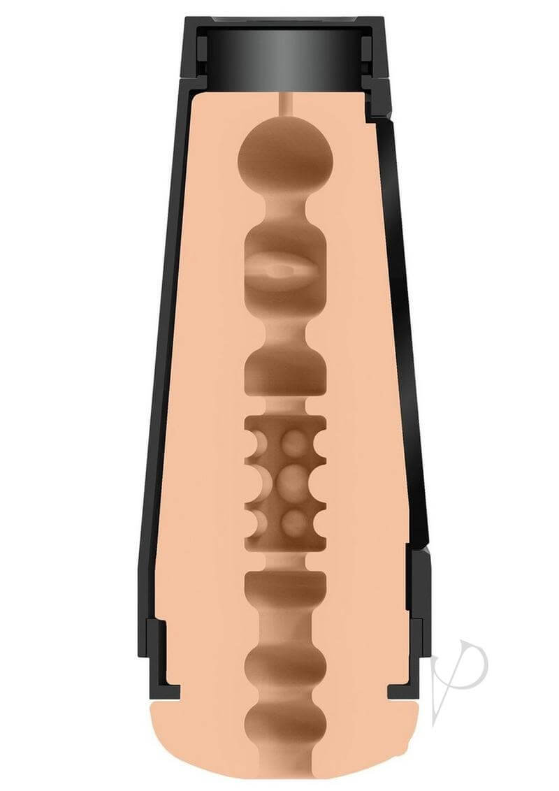 Cross-section of Main Squeeze Jane Wilde ULTRASKYN stroker showing textured interior and hard outer case design.