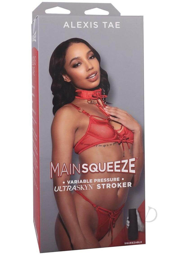 Main Squeeze Alexis Tae ULTRASKYN stroker box featuring a model in red lingerie, showcasing the product design and branding.