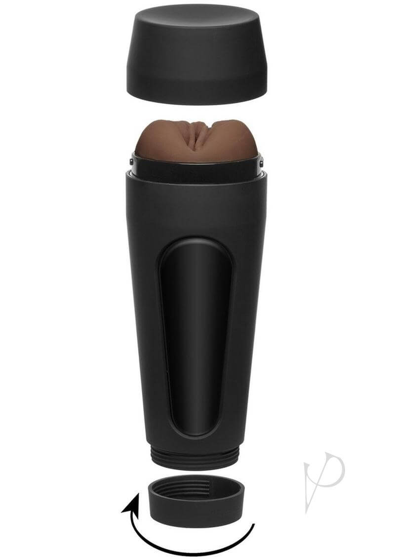 Main Squeeze Alexis Tae ULTRASKYN stroker in black case, showcasing removable lid and lifelike textured interior.