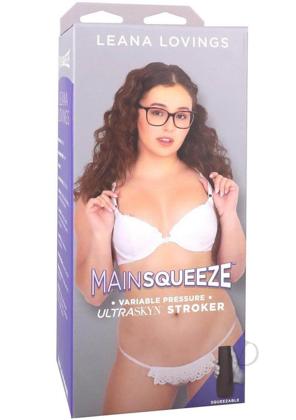 Leana Lovings Main Squeeze ULTRASKYN Stroker product packaging with model wearing lingerie and glasses.