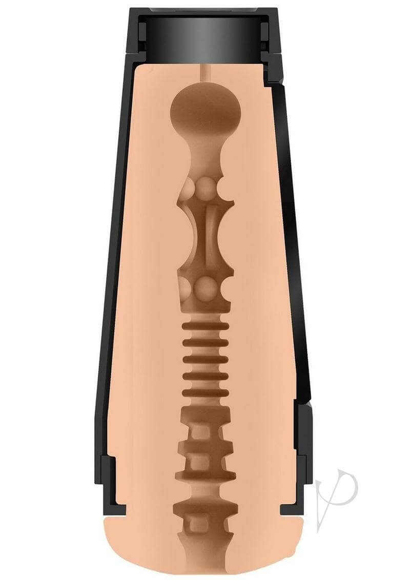 Cutaway view of ULTRASKYN stroker with textured interior design for enhanced stimulation and realism.
