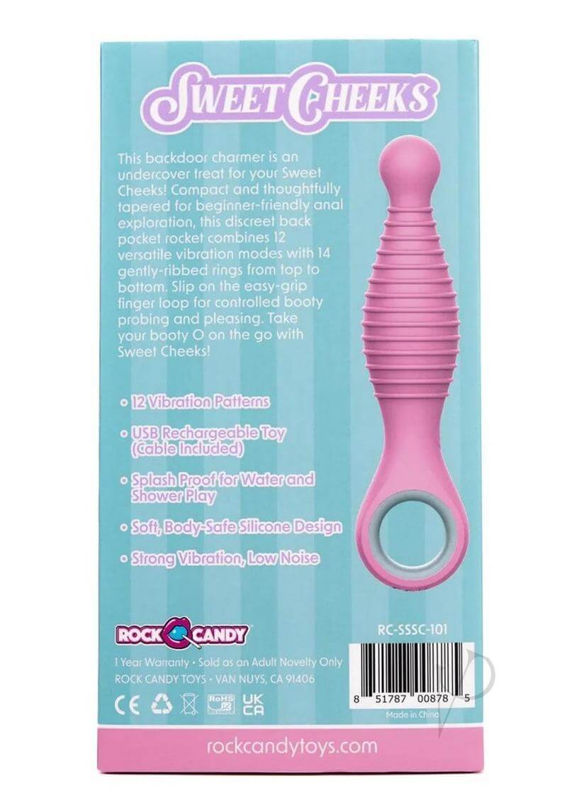 Rock Candy Sweet Cheeks Anal Vibrator Pink packaging with features and product details for discreet and pleasurable use.