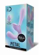 Bodywand I.D Petal Silicone Strapless Strap-On Lilac packaging showcasing pulsating vibe features and design.